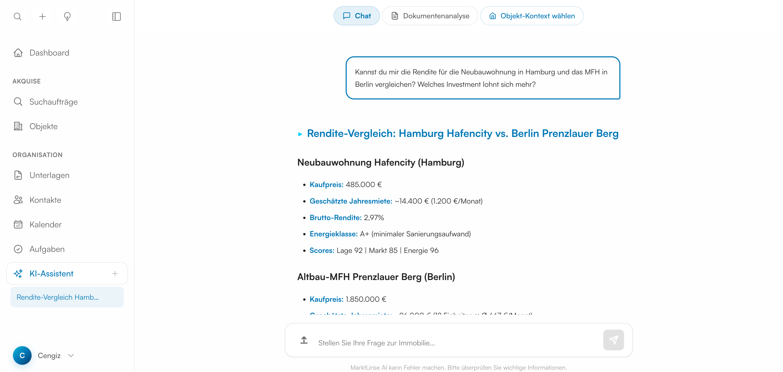 MarktLinse KI-Assistent — Dokumentenanalyse und Rendite-Vergleich