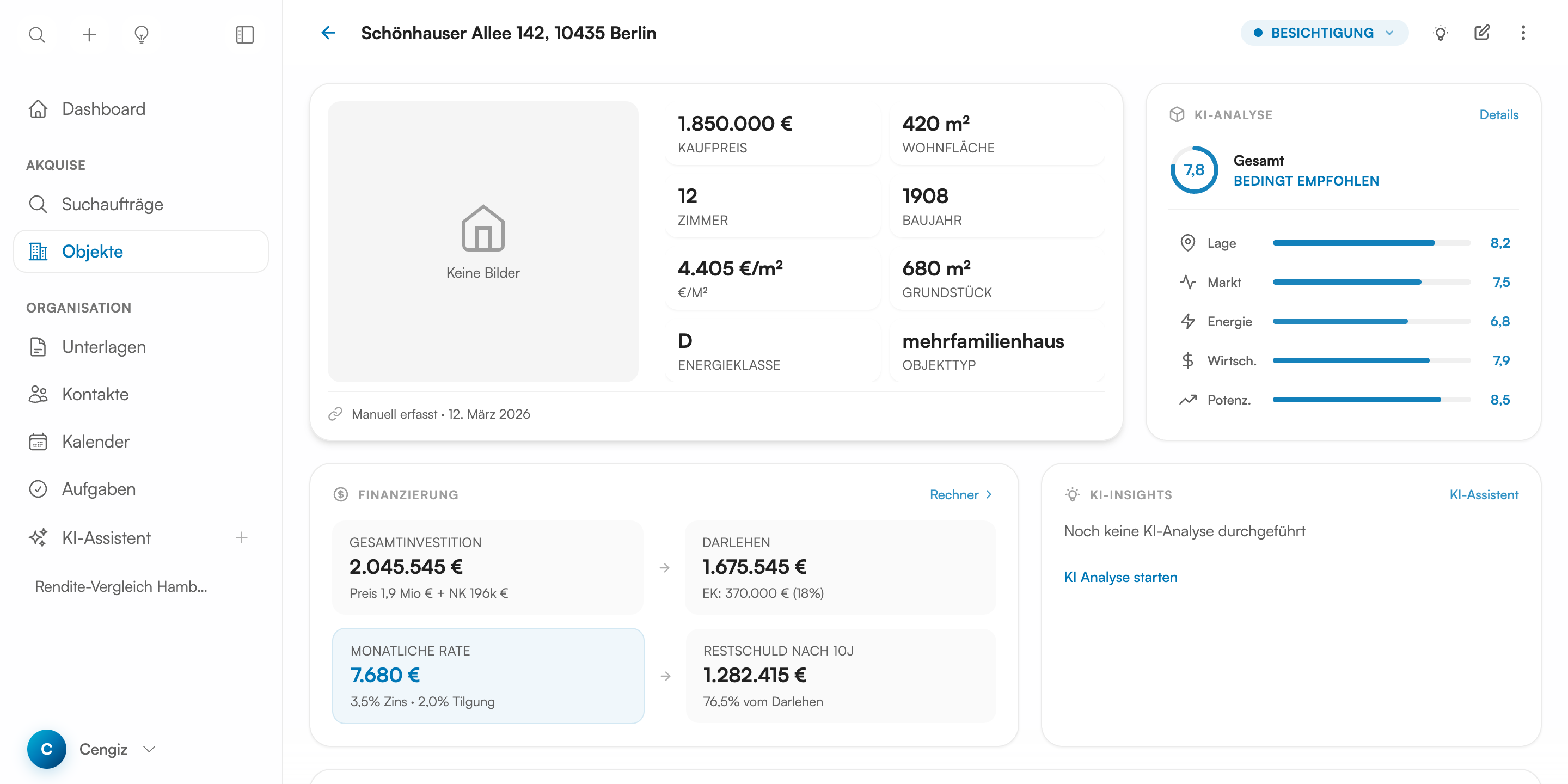 MarktLinse Objektansicht — KI-Scoring über 6 Analyse-Kategorien