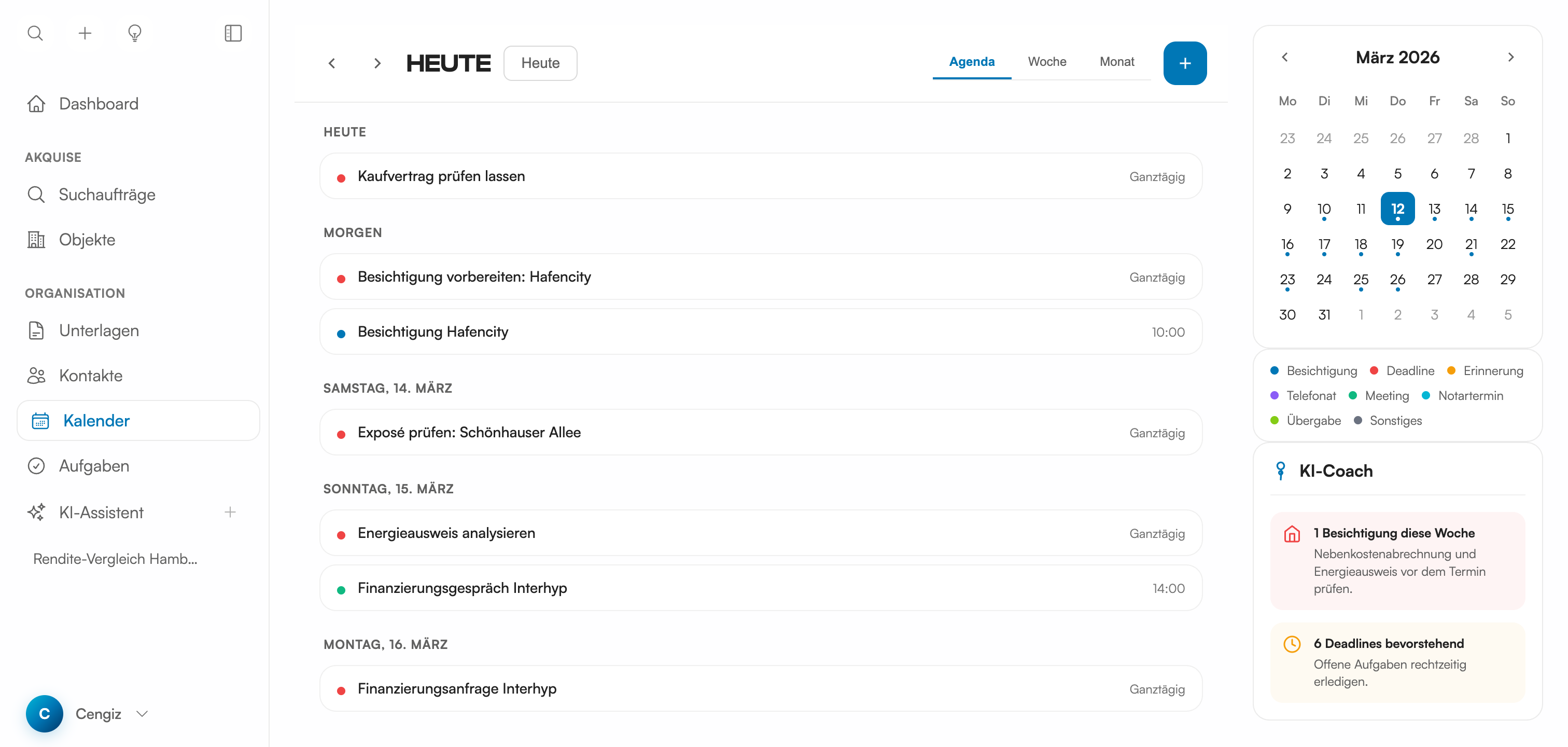 MarktLinse Kalender — Termine, Besichtigungen und KI-Coach